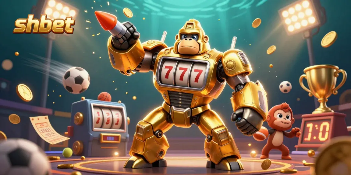 Engage with shbet's thrilling gaming experience featuring a golden gorilla mech and dynamic sports elements.