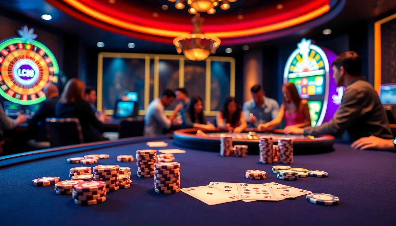 Players at an LC88 casino table enjoying a thrilling poker game with vibrant chips.