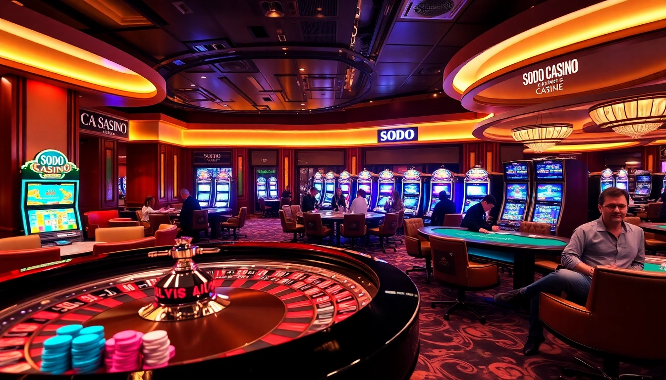 SODO CASINO players strategize at a poker table amid vibrant slot machines and roulette.