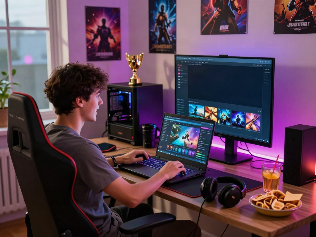 A80 online gaming session featuring a young adult male enthusiast immersed in gameplay, vibrant room with LED lighting and gaming gear.