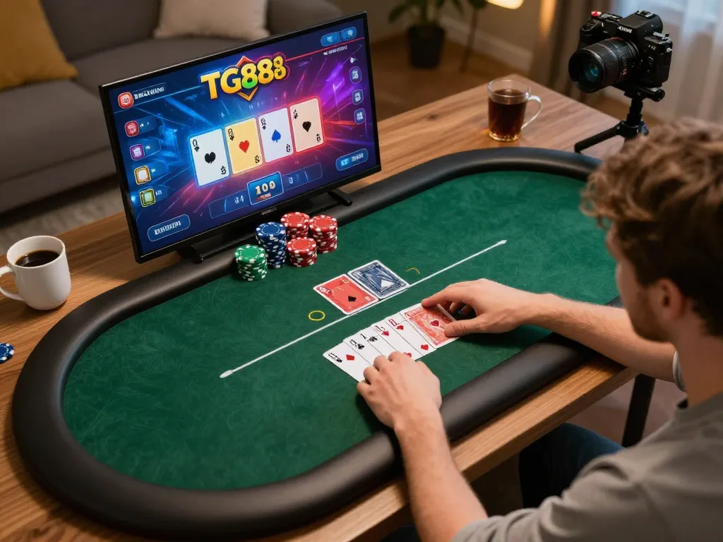 Player enjoying poker on TG88's platform, showcasing vibrant game graphics in a cozy home setting.