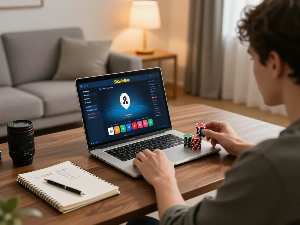 Engaging in strategic online poker gameplay on 98winlive amidst a cozy home environment.