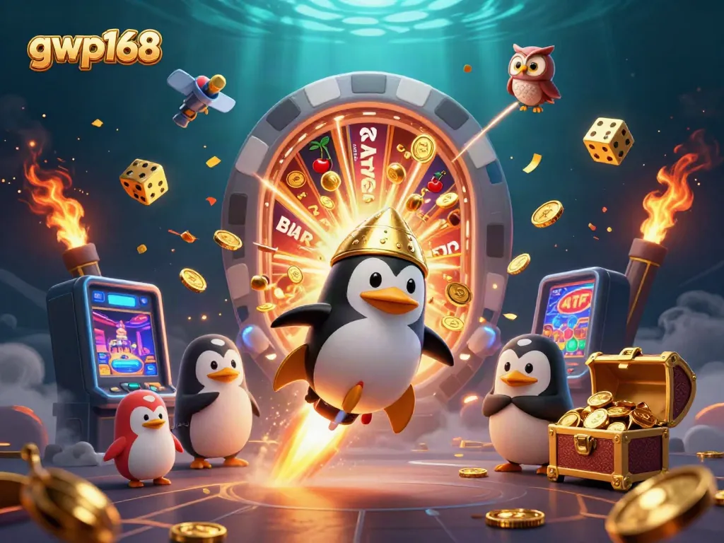 GWP168, bermain di mesin slot dengan jackpot yang berkilauan dan karakter penguin emas di latar luar angkasa.