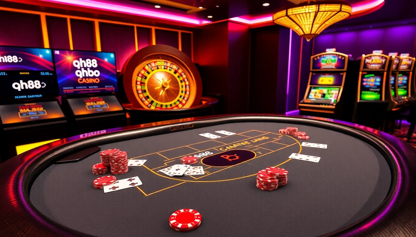 Engaging scene of qh88 online casino with vibrant gaming tables and flashing slot machines.