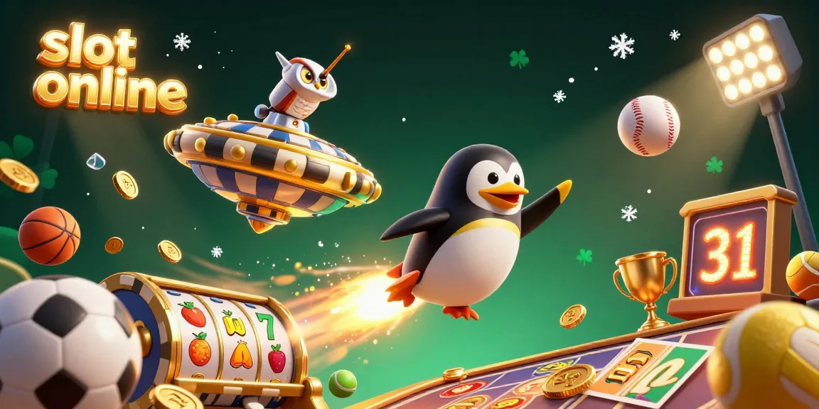 Spin to win with slot online featuring a vibrant 3D illustration of a golden penguin and dynamic slot elements.