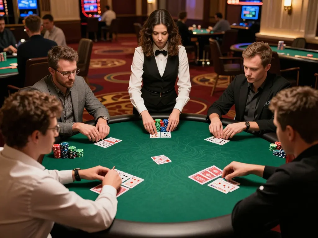 Experience the thrill of poker gameplay at okking1's upscale casino, showcasing engaged players and strategic moments.