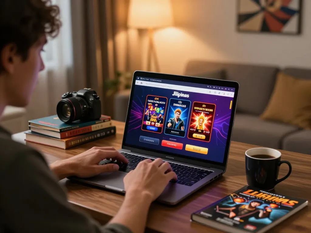 Gambler using Jilipinas login on laptop, showcasing online gaming strategies in a cozy ambiance.