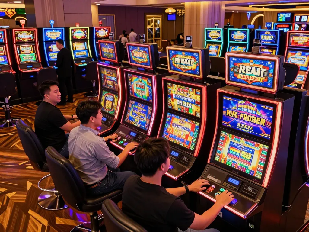 Players enjoying slot pulsa games at vibrant casino machines, engaging and thrilling atmosphere.