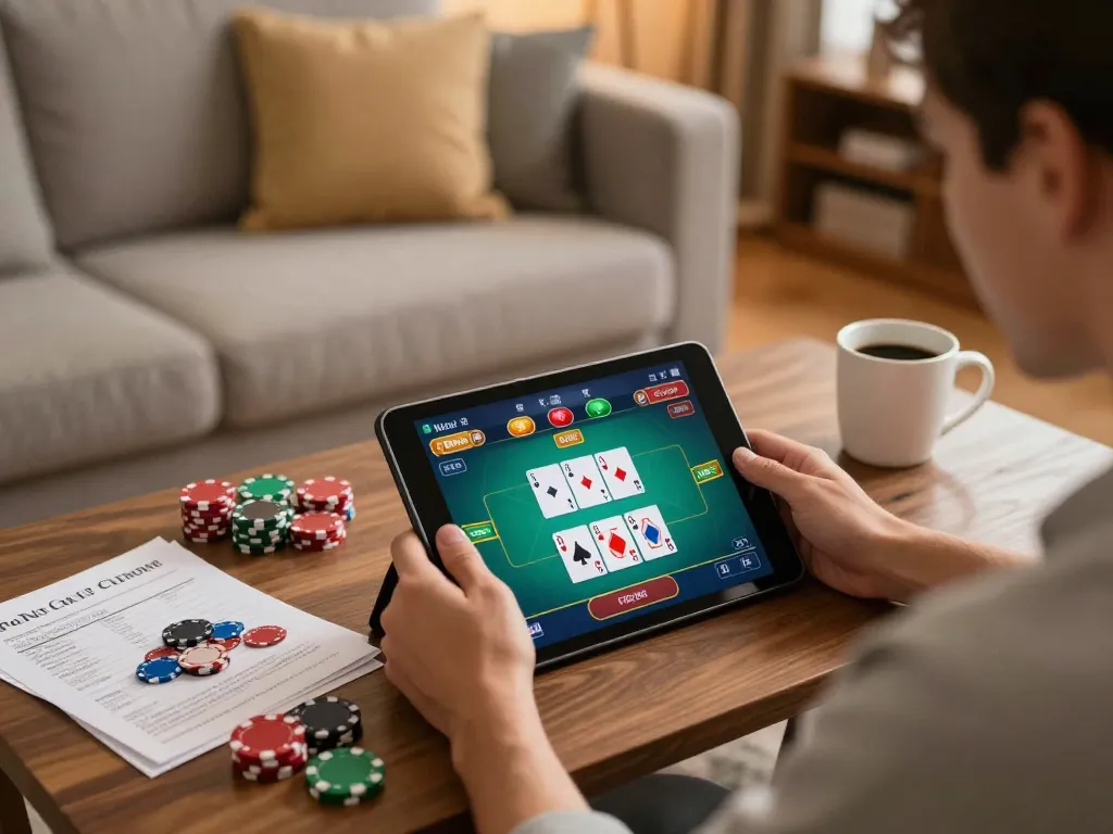 Engaging poker gameplay at home via mk8th.net, highlighting a player focusing on betting strategy.