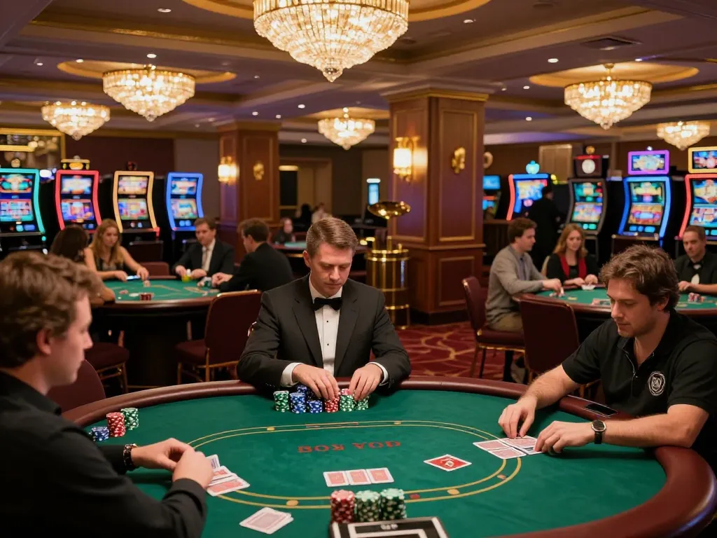 GO88 players engaged in dynamic poker games on a vibrant casino floor illuminated by crystal chandeliers.