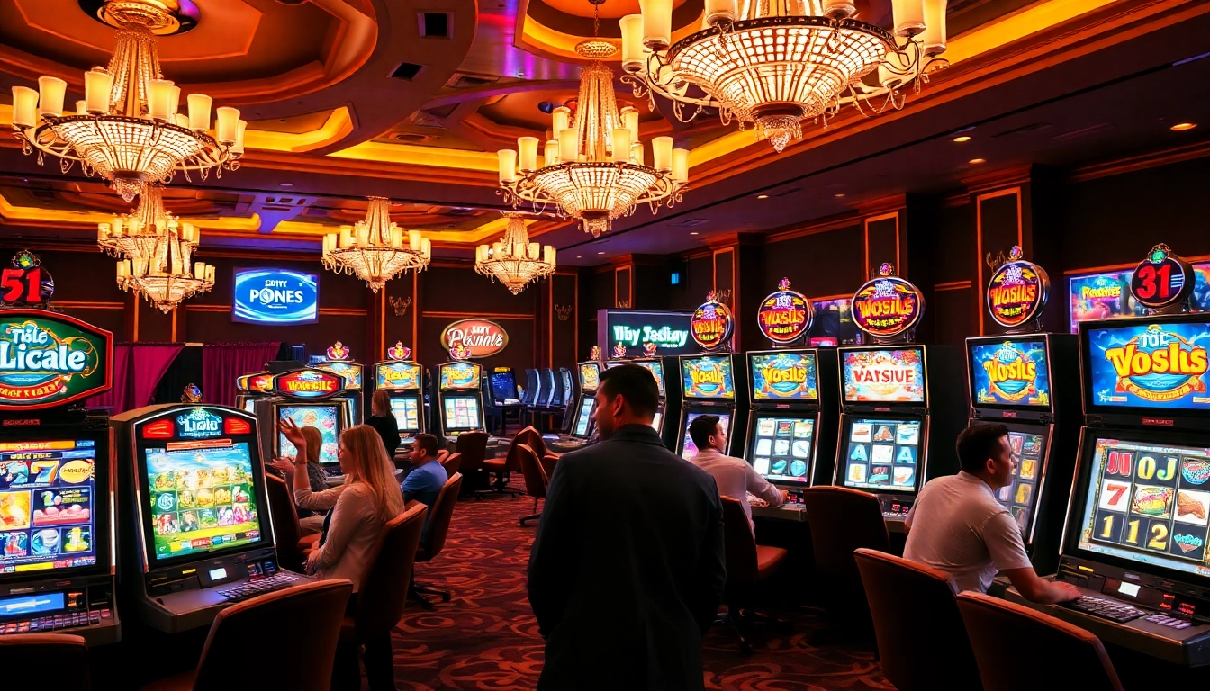 Experience thrilling slot demo gameplay in a luxurious casino setting, showcasing vibrant machines and excited players.