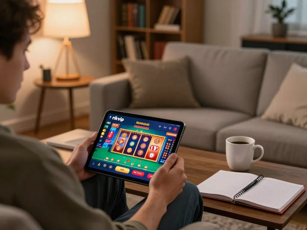 Player enjoying the rikvip app on a tablet while following winning strategies in a comfortable home setting.