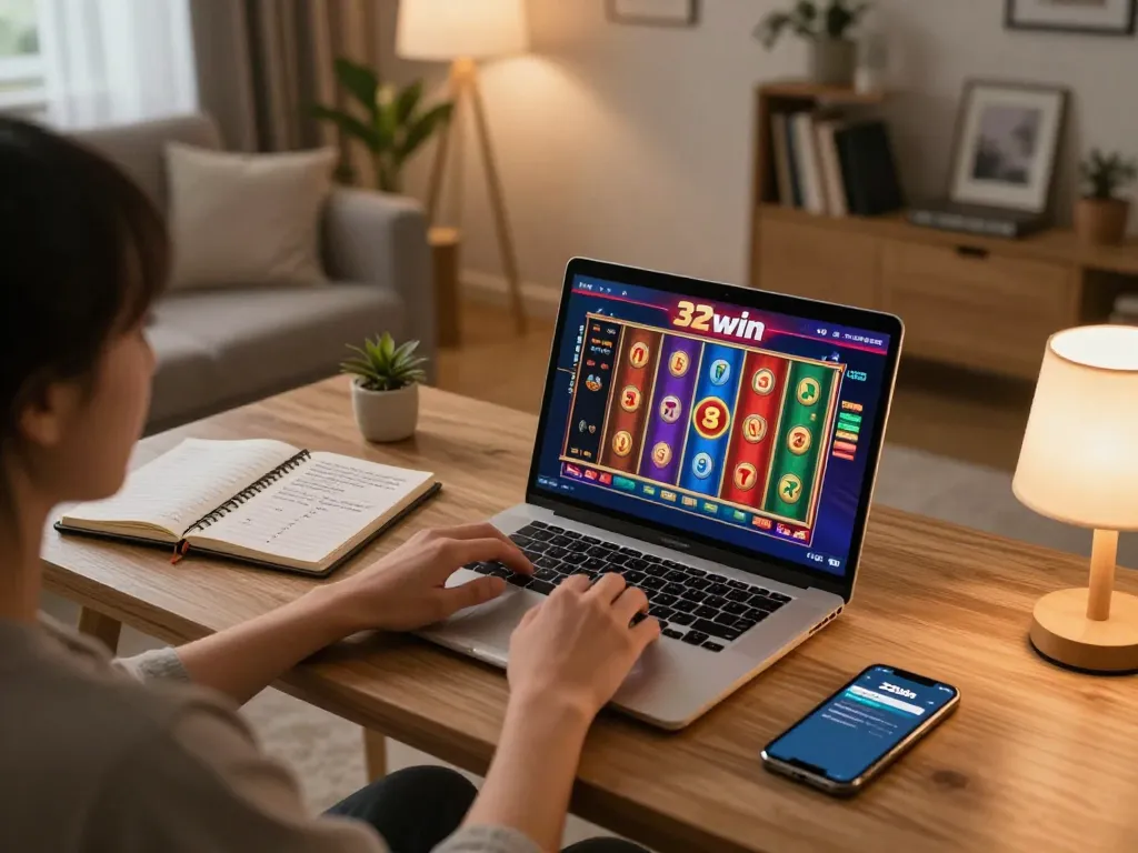 Enjoying an online gaming session on 32win with vibrant slot screens and strategy notes.