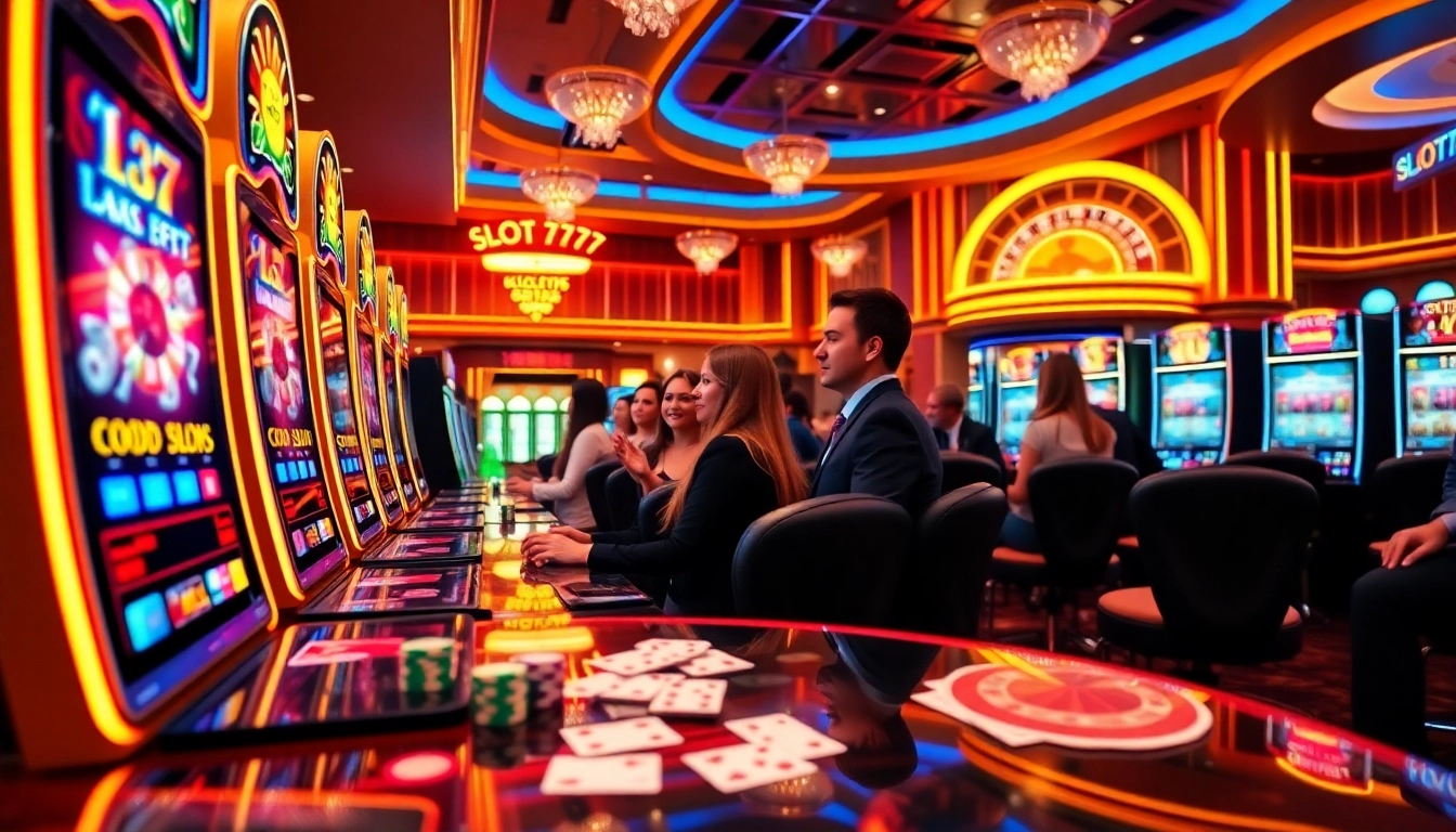 Gameplay excitement at Slot777 casino with vibrant slot machines and players.