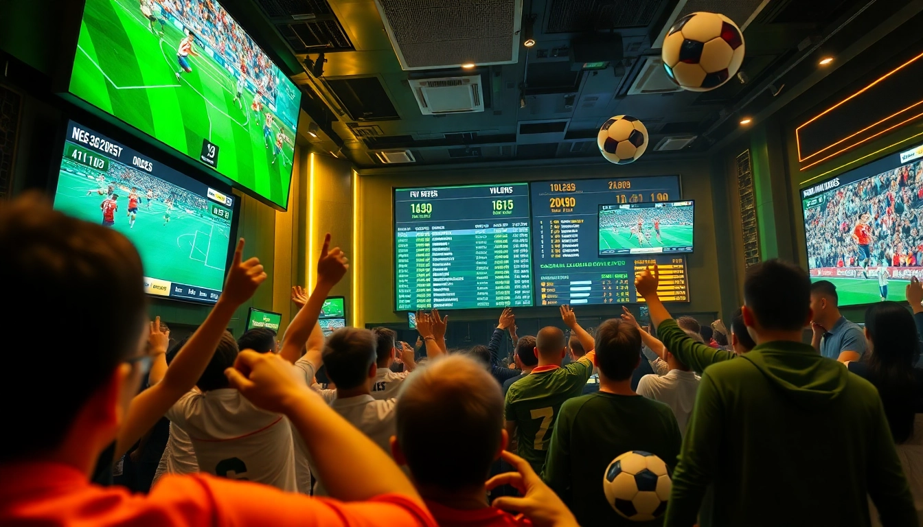 The dynamic scene of kèo nhà cái 5 showcasing real-time soccer betting odds in an energized sports bar.