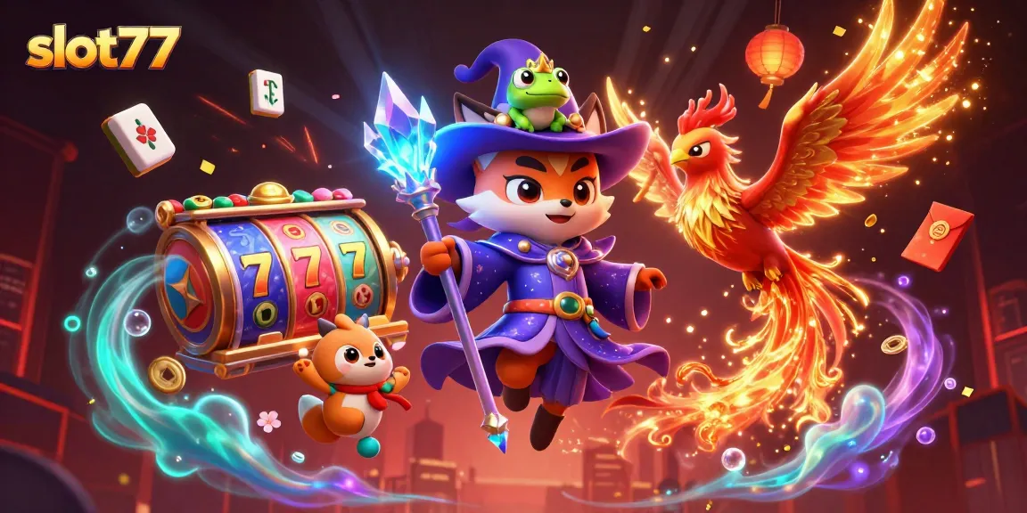 Experience the excitement of slot77 with vibrant, dynamic 3D illustration showcasing spinning reels and magical characters.