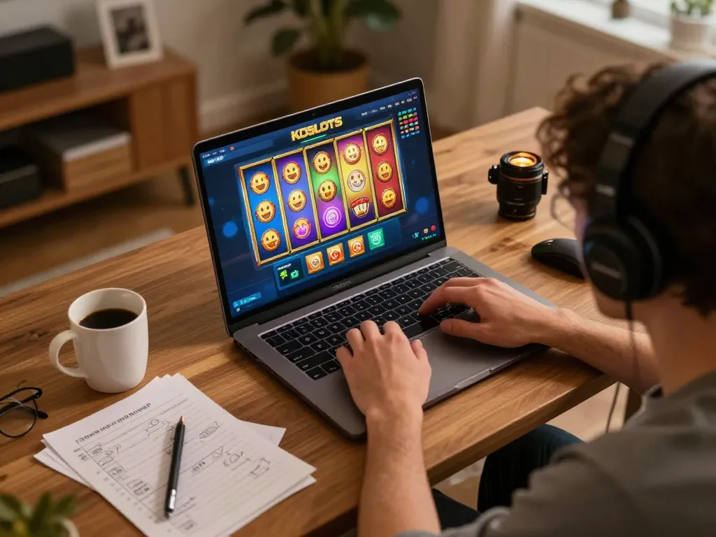 Engaging player gaming on KDSLOT platform, showcasing vibrant slot reels and strategic play