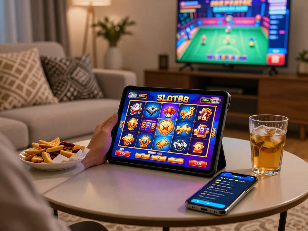 Engaging with slot88 resmi in a cozy gaming setup featuring vibrant graphics and snacks.