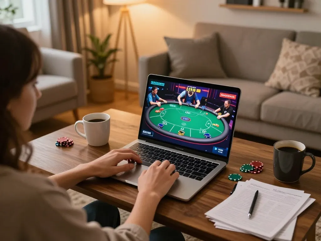 Engage in online poker gaming with ทางเข้า m111 in a cozy living room setup, showcasing strategy and fun.