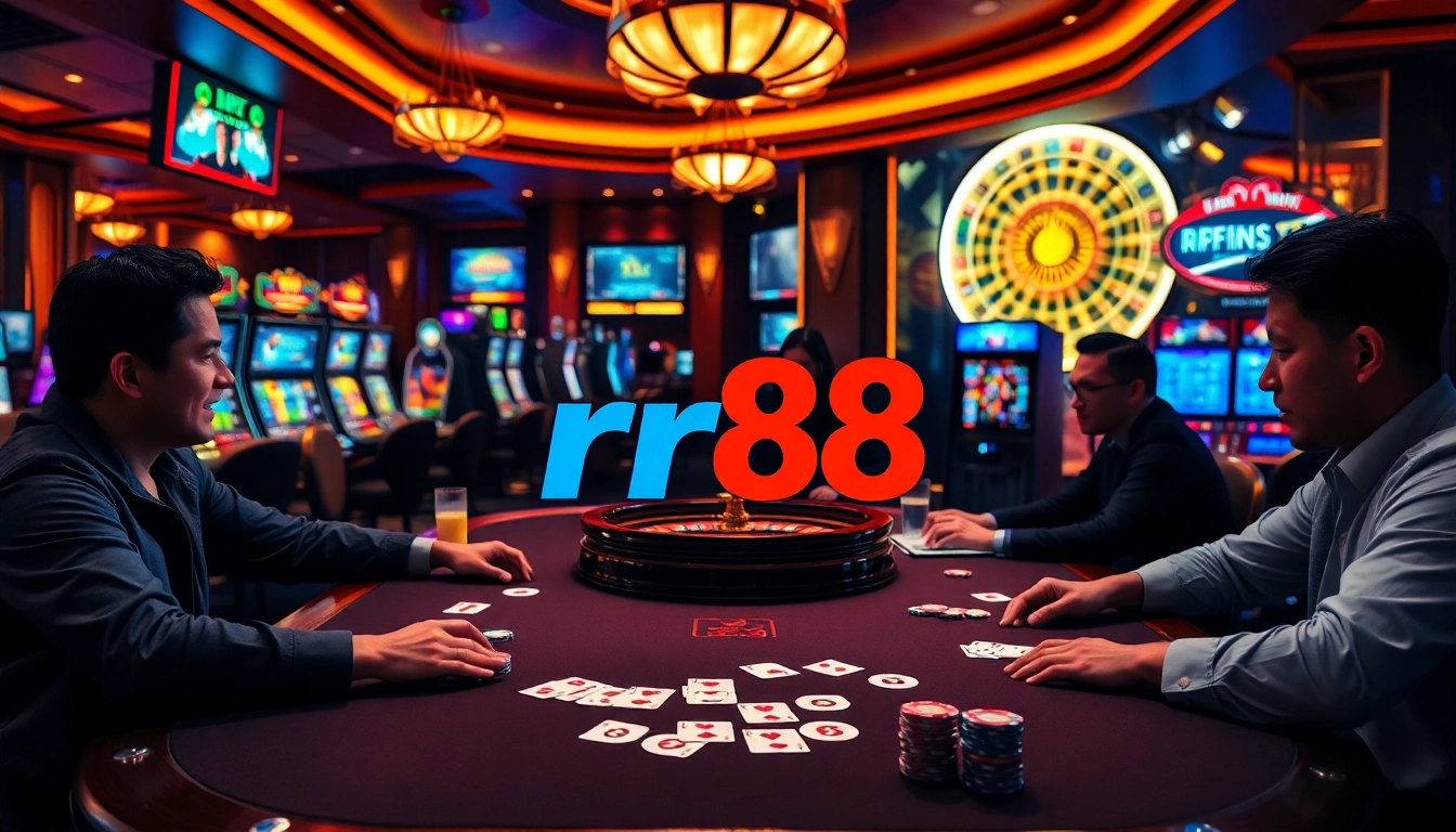 Players enjoying high-stakes poker with rr88 branding at a stunning casino table.