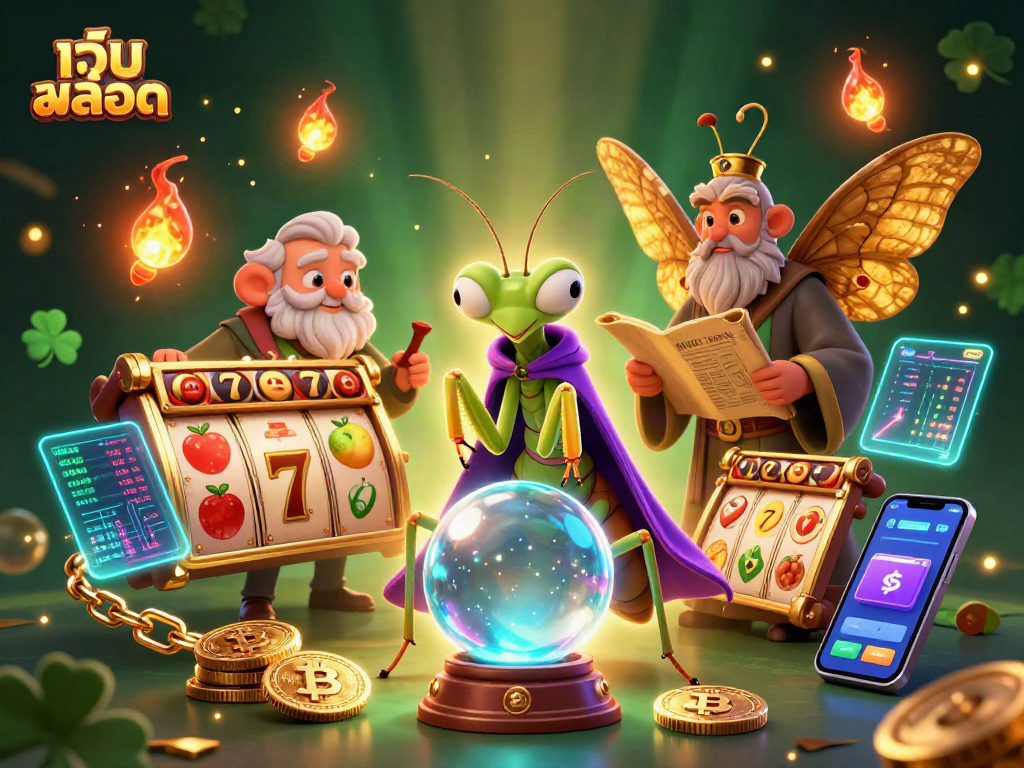 Engage in เว็บสล็อต with vibrant illustrations featuring slots, bitcoins, and mystical characters.