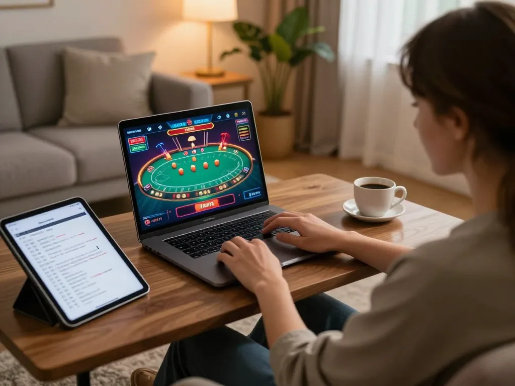 open888 user enjoying an online poker game on a laptop in a comfortable home setting