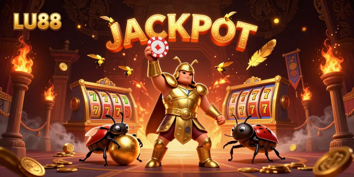 LU88 jackpot celebration with 3D beetles and slots illustration in a dynamic casino setting