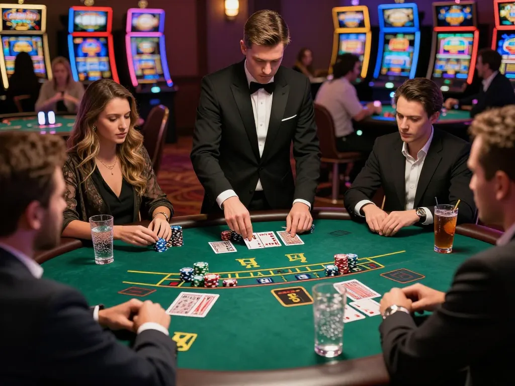 Players strategizing at a blackjack table featuring exciting action on XX88 casino floor.
