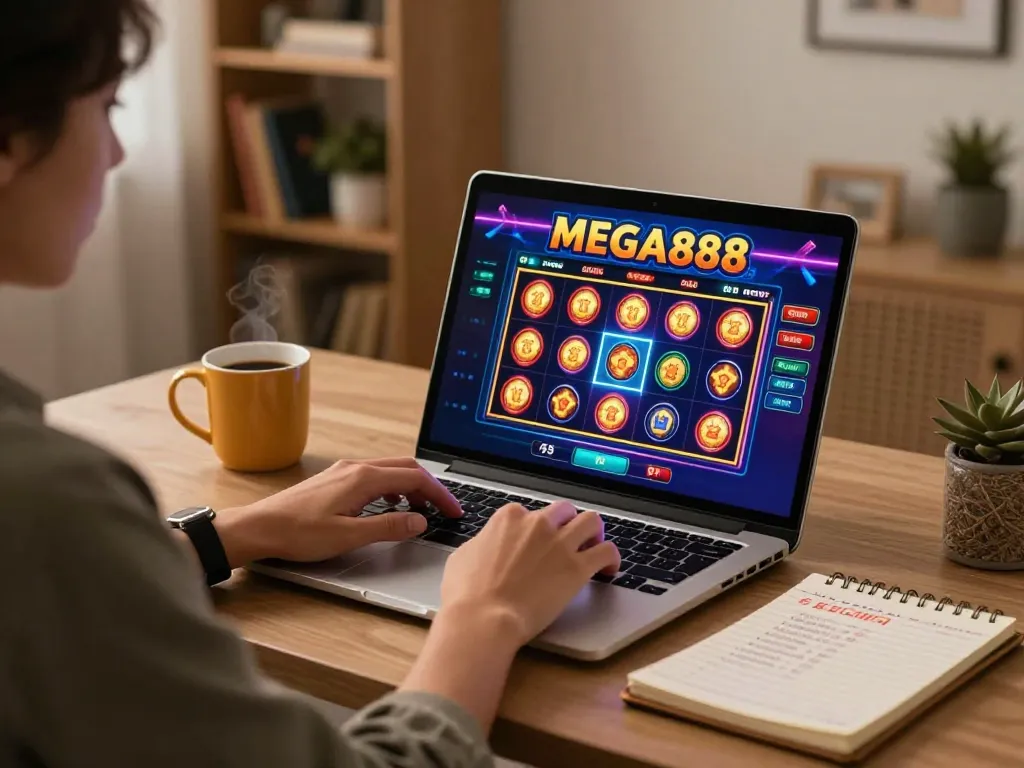 Engaging gaming session with MEGA888 displayed on a laptop, cozy home setting.
