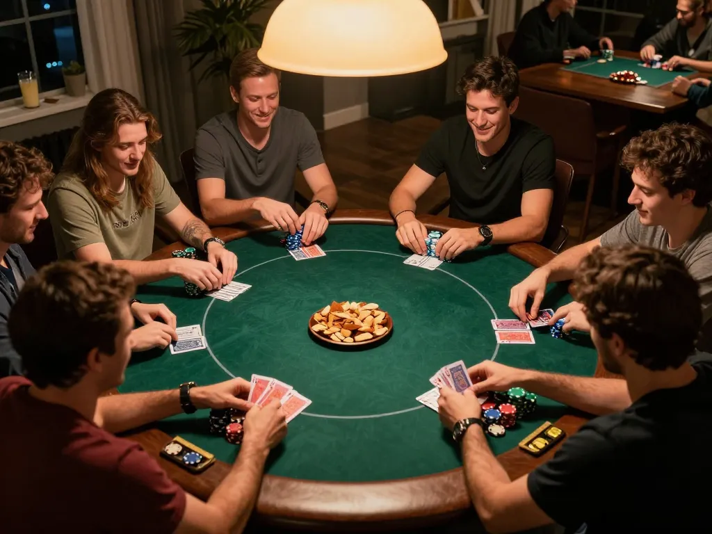 Players enjoying a poker night at home with say88 app, vibrant atmosphere and snacks visible.