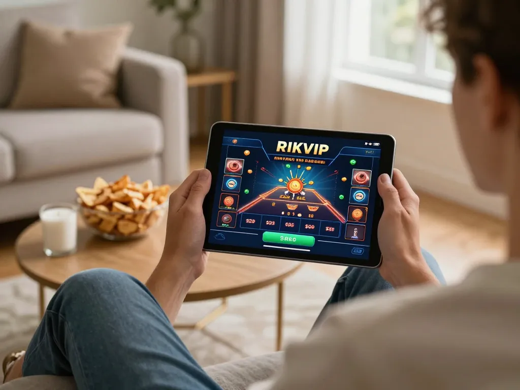 Engaging session on https://tairikvip.co as a player enjoys RIKVIP casino game on tablet in a cozy living room.