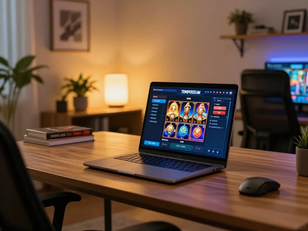 Tampilan menarik di Tempo123 Link dengan laptop yang menampilkan slot online, menyoroti perjudian yang bertanggung jawab