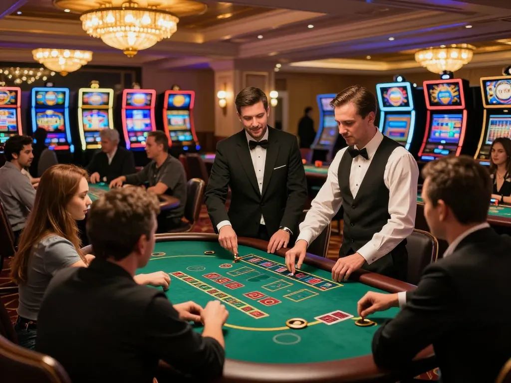 Excited players engage at Tr88 chính thức blackjack tables in an upscale casino environment.