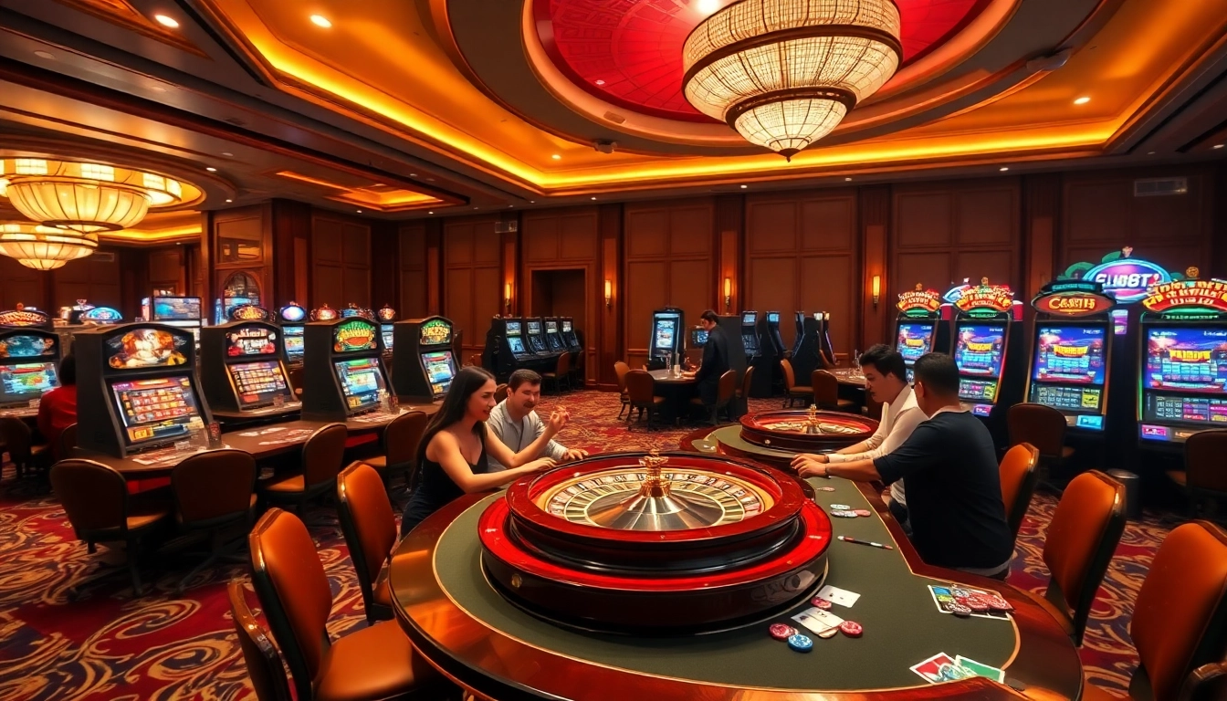 Players enjoying a thrilling game experience at PG88 casino with vibrant slot machines and roulette tables.