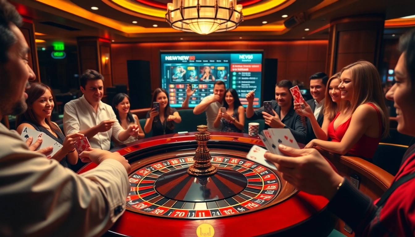 Experience thrilling gameplay at https://fnew88.com/ with a vibrant casino atmosphere featuring roulette and excited players.