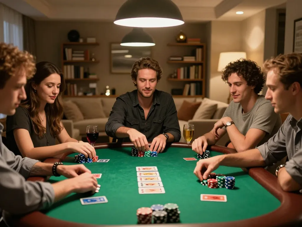 Join friends for an intense poker game at home, inspired by https://kjc.events/ atmosphere, highlighting strategy and engagement.