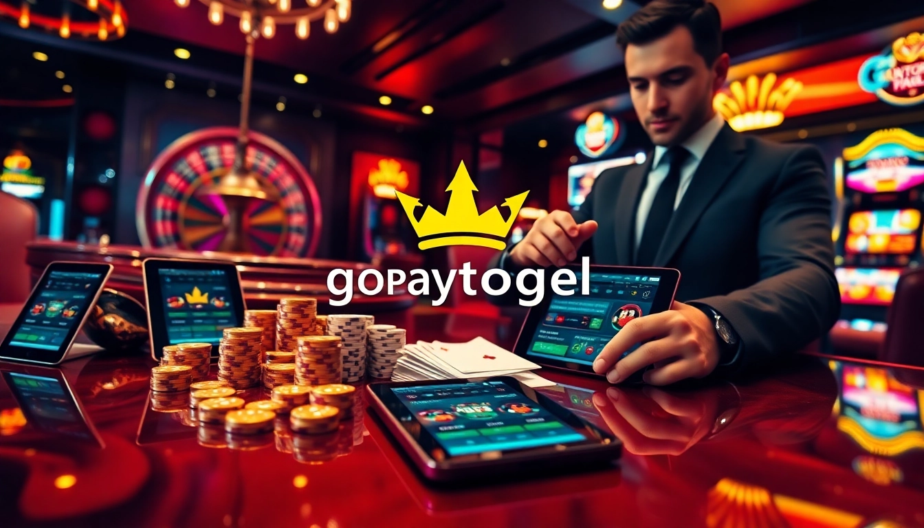 Professional gambler engaging with gopaytogel digital betting platform amid luxury casino chips and cards