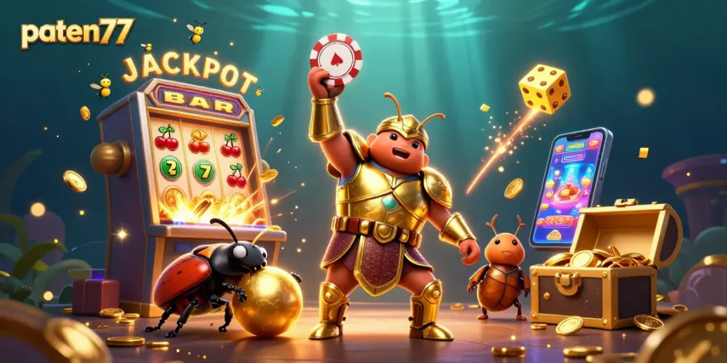 Experience the excitement of paten77 as the victorious beetle lifts a poker chip amidst a jackpot explosion.