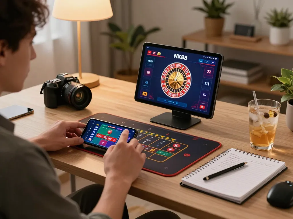 Player placing strategic bets on NK88 mobile app while enjoying a comfortable gaming session at home.