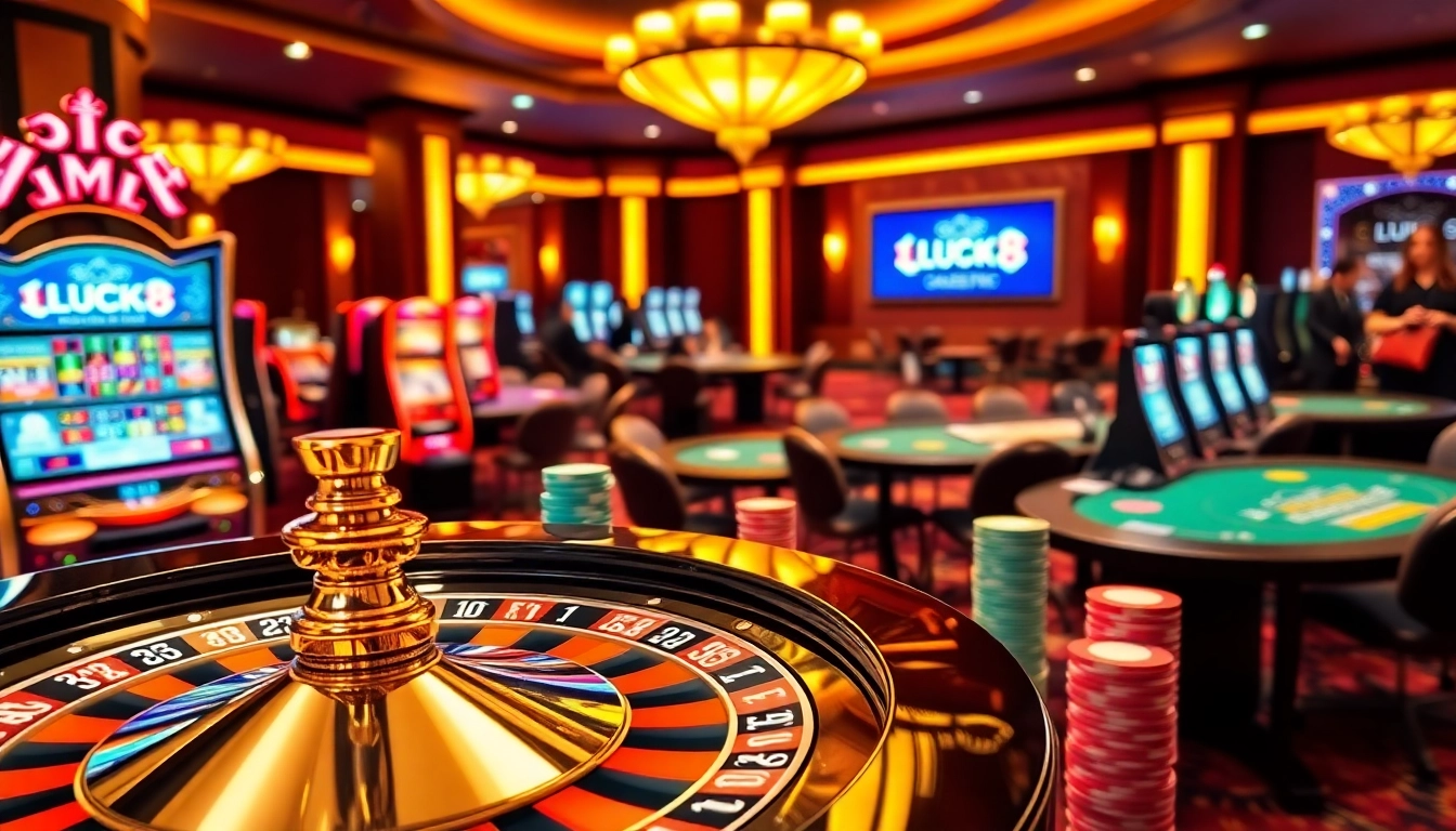 LUCK8 offers an exciting casino experience with roulette, slot machines, and vibrant poker chips.