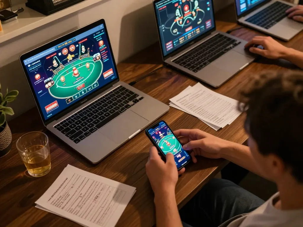 Engaging online gaming at nhà cái uu88 featuring poker gameplay on laptop and smartphone.