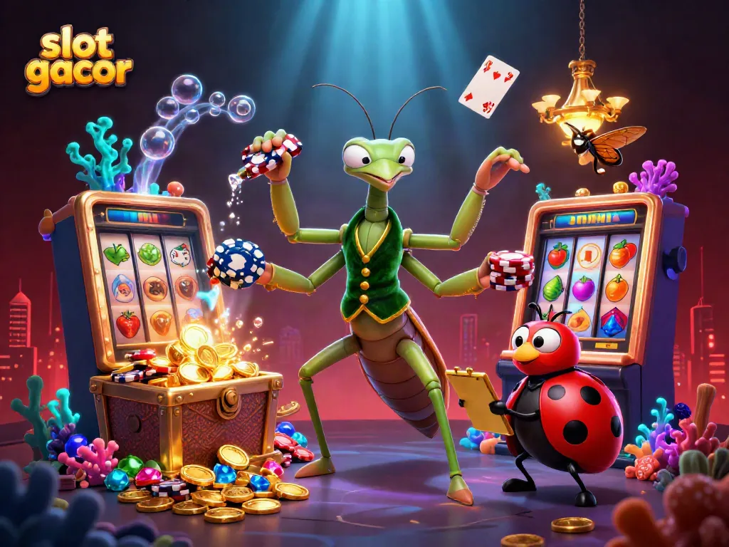 Slot gacor di dunia kasino, gambar kartun imersif dengan karakter menyenangkan dan elemen permainan yang menarik.