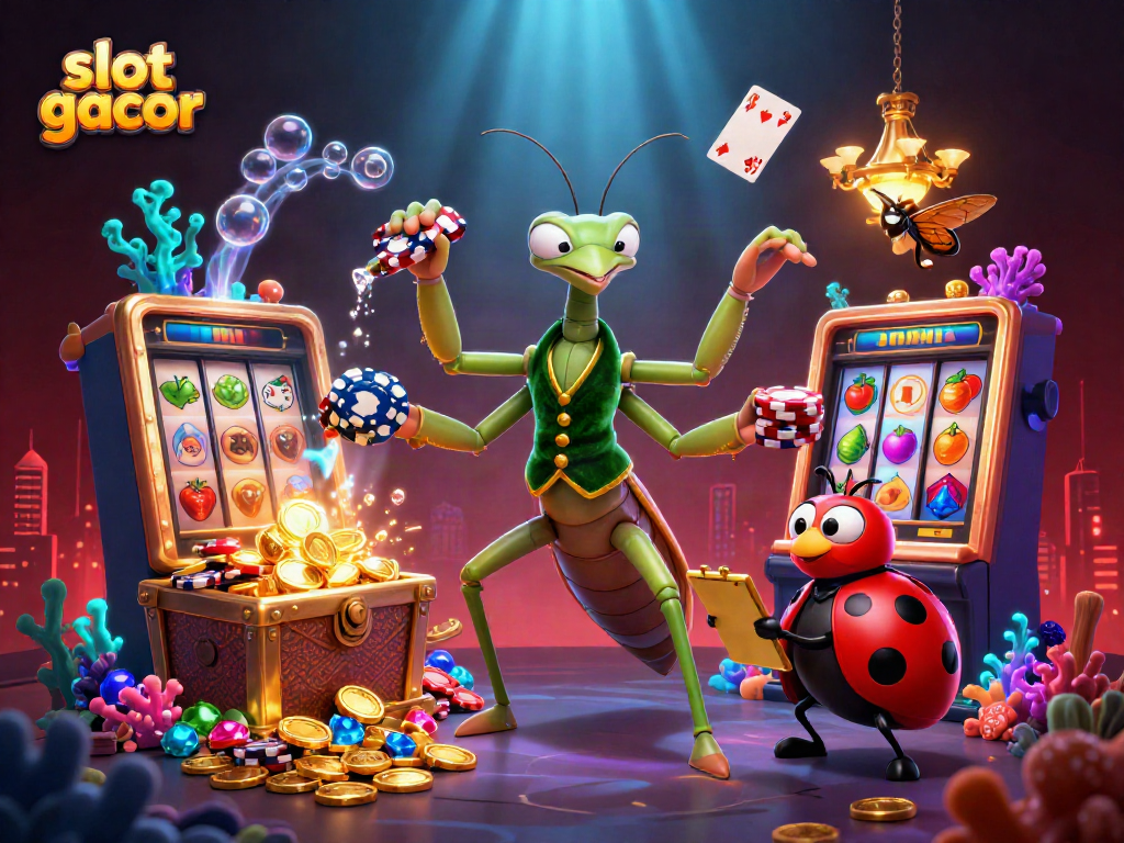 Slot gacor di dunia kasino, gambar kartun imersif dengan karakter menyenangkan dan elemen permainan yang menarik.