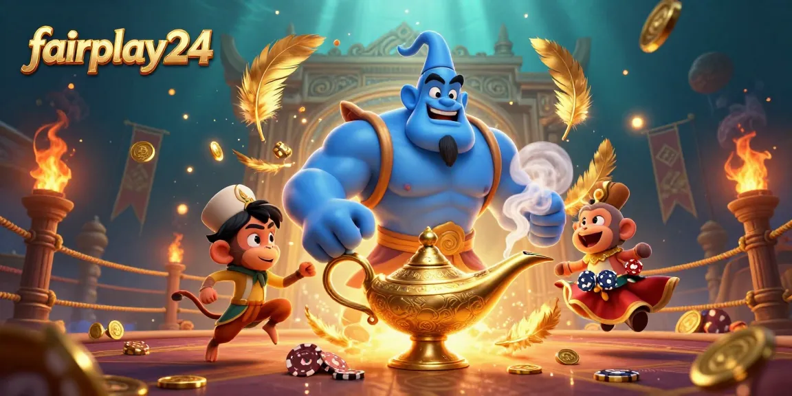Experience thrilling moments with fairplay24 as a genie emerges from a lamp surrounded by gaming excitement.