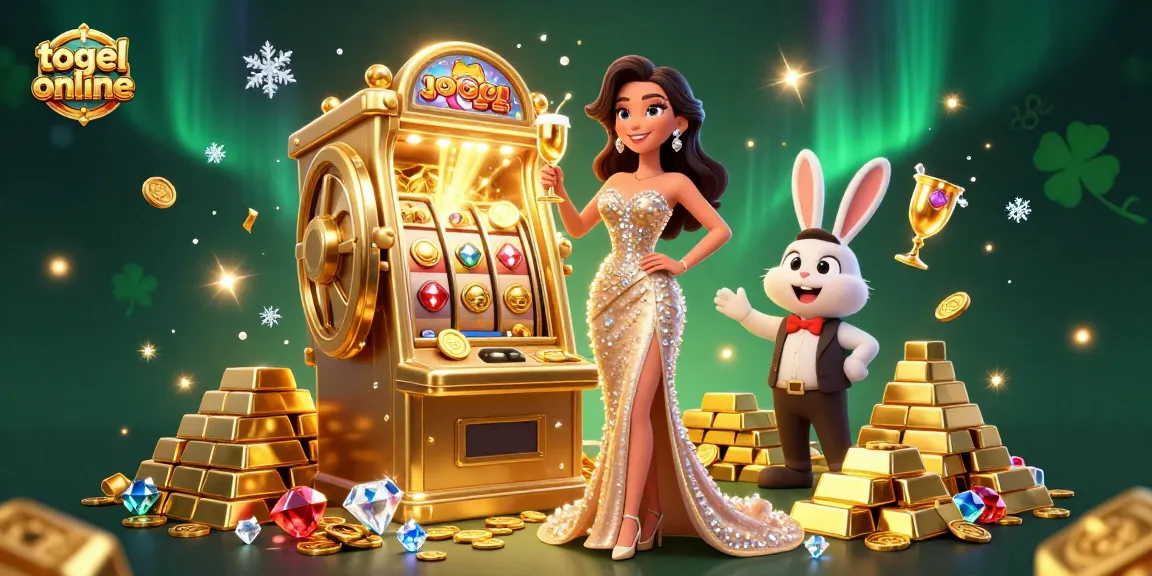 Menang besar dengan togel online menampilkan seorang wanita glamor dan ilustrasi mesin slot jackpot.