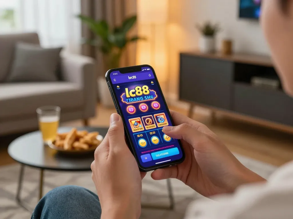 Playing on the lc88 trang chu mobile app showcasing exciting casino games while relaxing at home