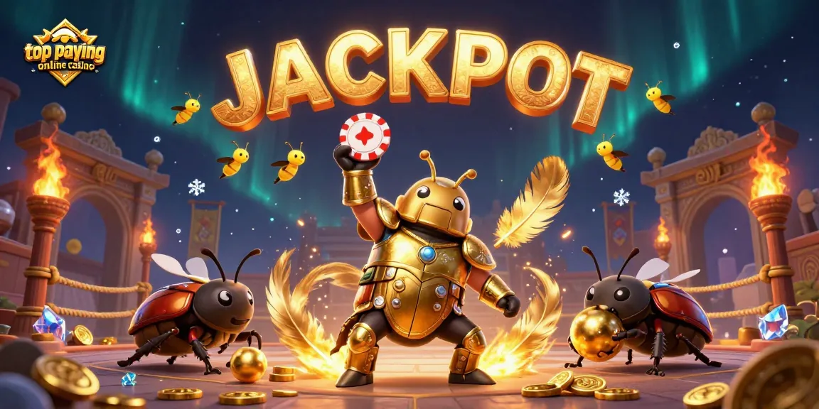 Top paying online casino scene featuring a victorious hercules beetle and golden tokens.