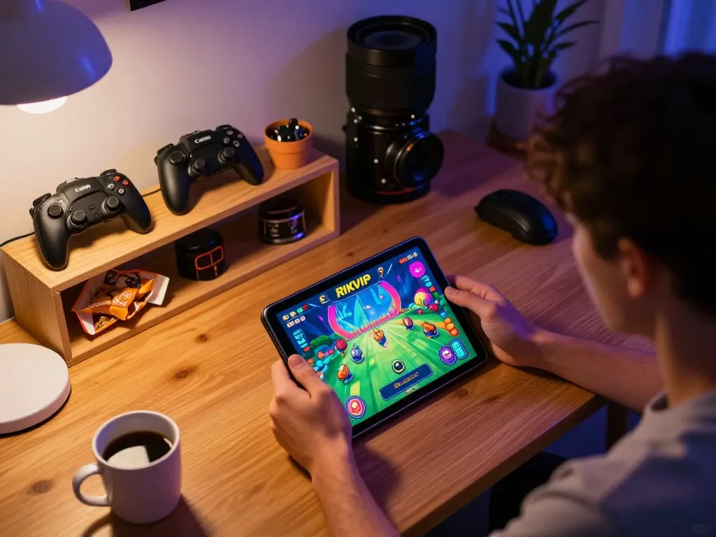 Person playing RIKVIP's online game on a tablet in a cozy home setting.