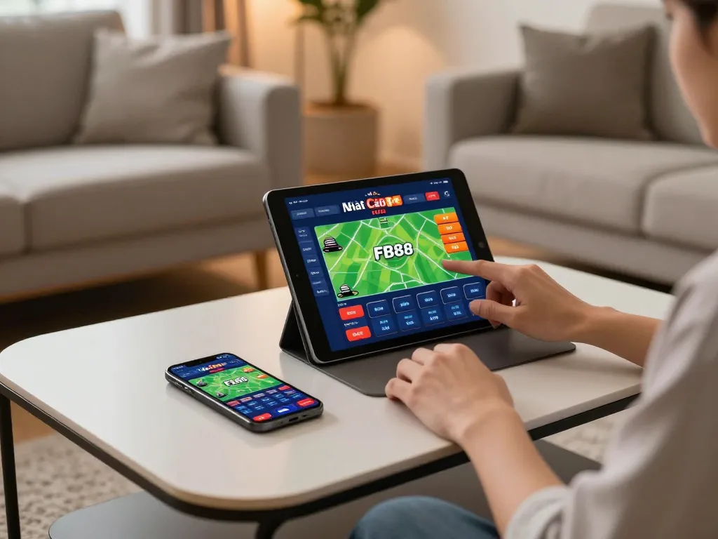 Engaging gameplay on Nhà Cái FB88 displayed on mobile device in a modern living room setting