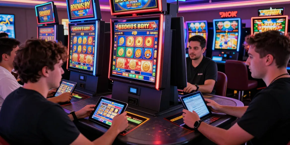 Engaged players enjoying Bonus Buy slots UK gameplay in a vibrant online casino setting, showcasing dynamic visuals and modern technology.